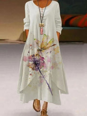 Round Neck Dandelion Print Loose Long Sleeve Maxi Dress