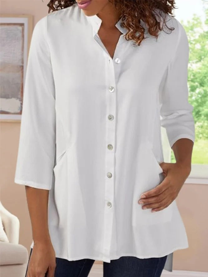 Solid Casual Lapel 3/4 Sleeves Buttons Blouse