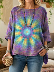 Ethnicity Kaleidoscope Purple Women's Art Print Casual 3/4 Sleeve Cotton Top