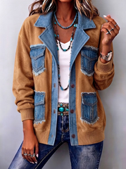 Women Vintage Chic Suede Patchwork Denim Jacket