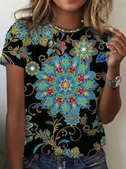 Ethnic Round Neck Short Sleeve Casual T-shirt