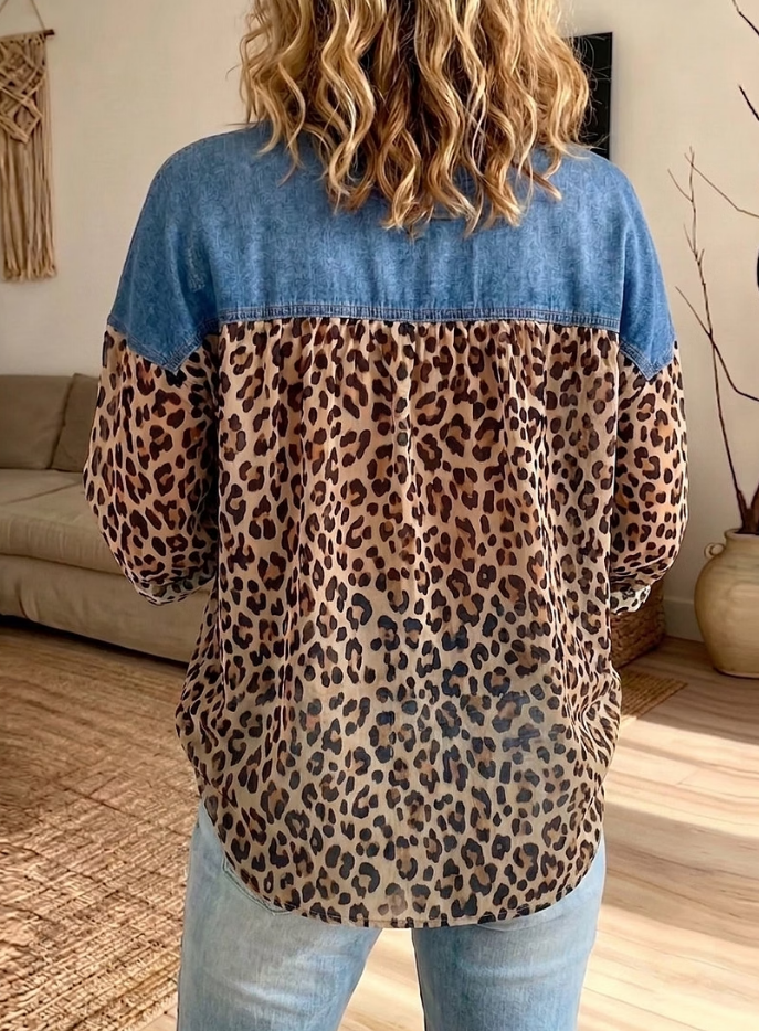 Women¡¯s Casual Distressed Denim Spliced Leopard Print Loose Button Down Blouse