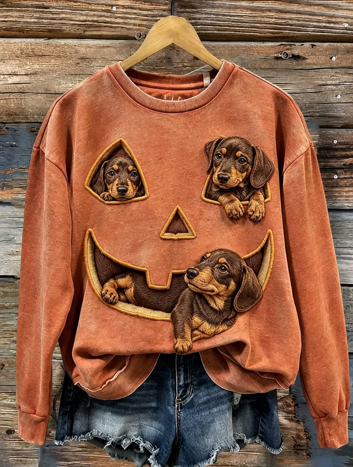 Women's Casual Lovely Peeking Dachshund Dogs Halloween Pumpkin Face Print Sweatshirt