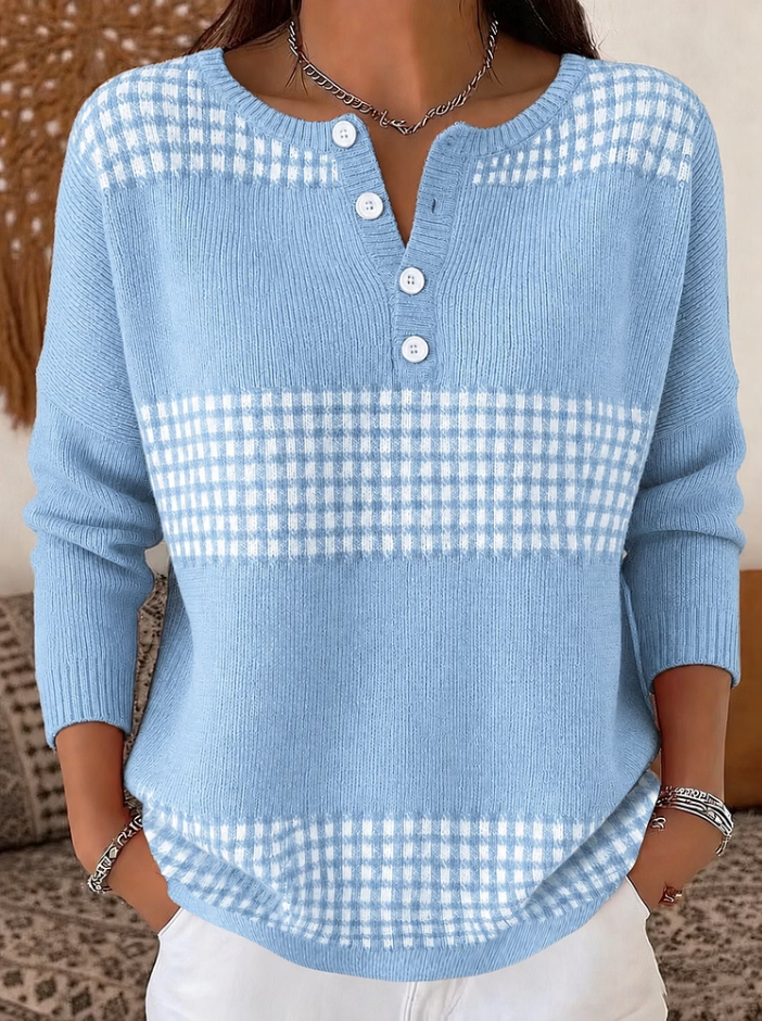 Women Plaid Sweatshirt Henley Collar Casual Spring/Fall Top