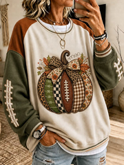 Women Patchwork Pumpkin Football Field Graphic Sweatshirt