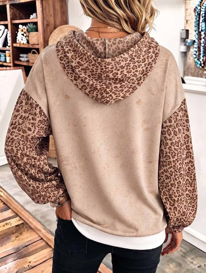 Women Leopard Print Patchwork Long Sleeve Casual Loose Pullover Hoodie