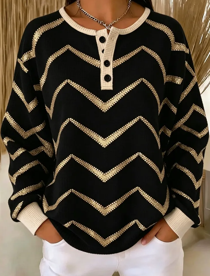 Women Chevron Henley Collar Casual Spring/Fall Long Sleeve Sweatshirt
