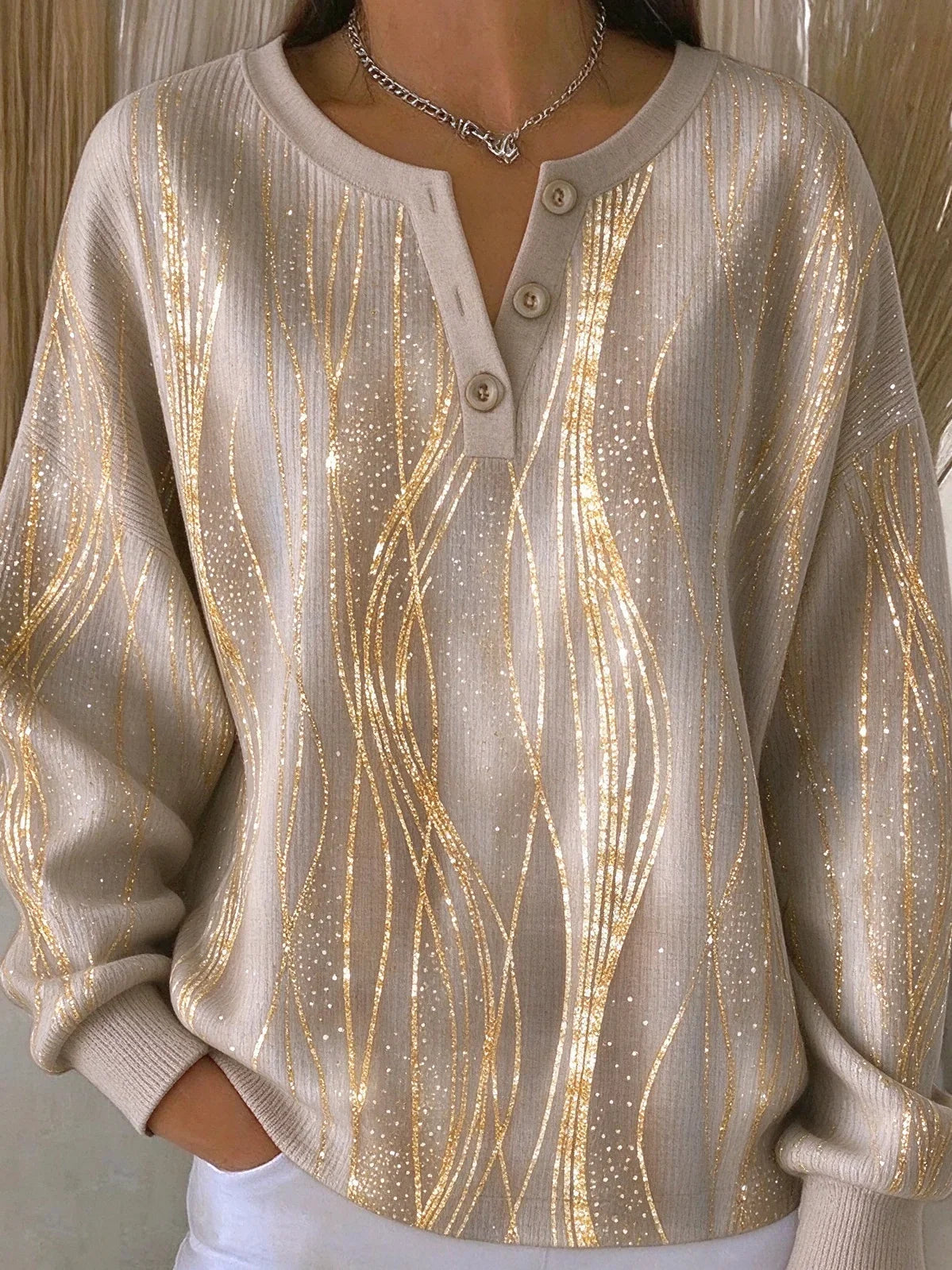 Vintage Abstract Henley Collar Long Sleeve Sweatshirt