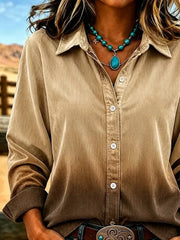 Women Ombre Casual Shirt Shirt Collar Long Sleeve Buckle Top