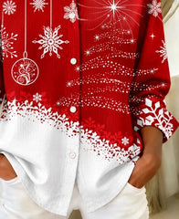 Women Snowflake Vintage Shirt Shirt Collar Long Sleeve Printing Top