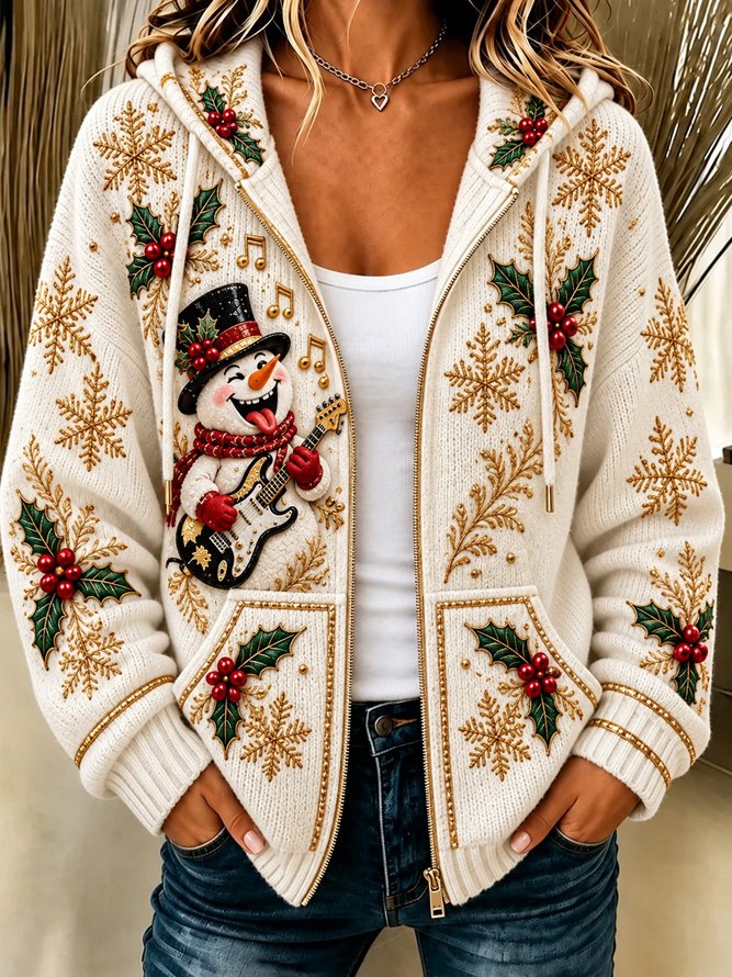 Women Spring/Fall Outerwear Casual Christmas Snowman Long Sleeve Hoodie Jacket
