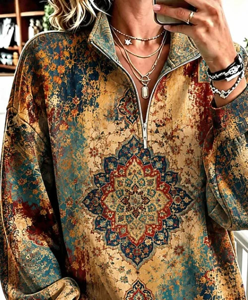 Casual Ethnic Geometry Half Open Collar Long Sleeve Sweatshirt