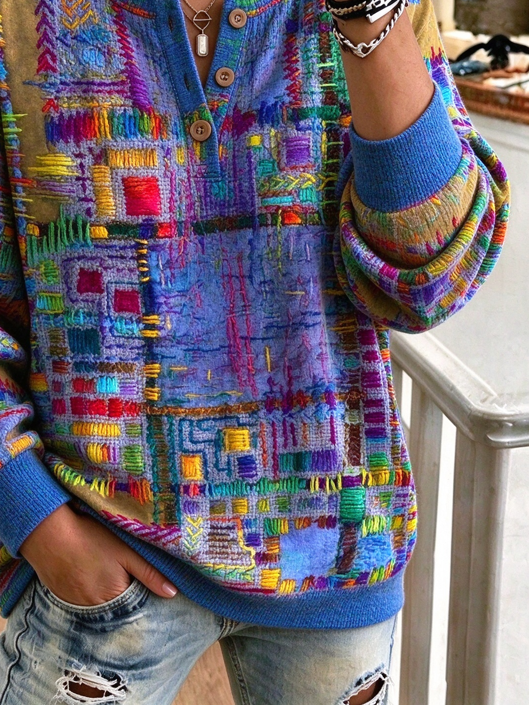 Vintage Abstract Henley Collar Long Sleeve Sweatshirt
