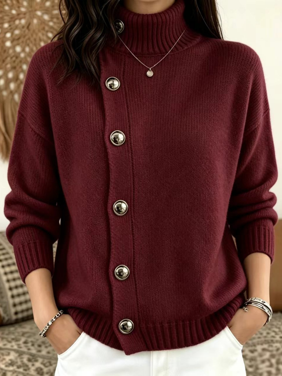 Women Plain Long Sleeve Comfy Vintage Buckle Sweater