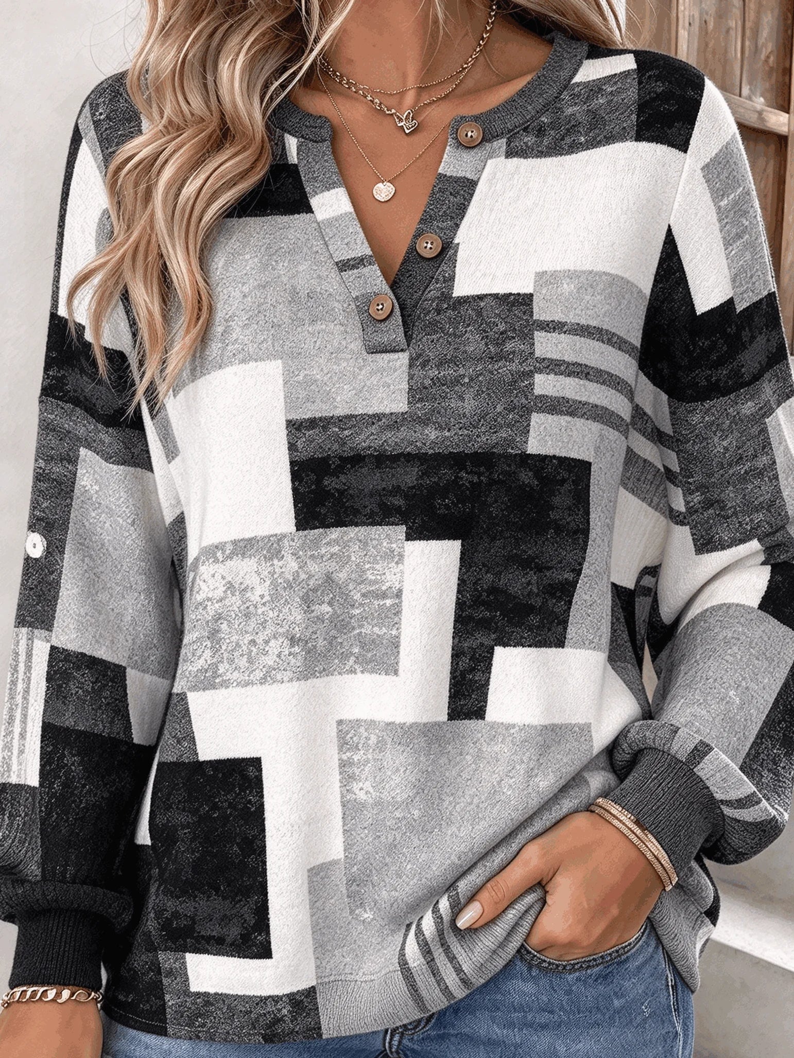 Casual Geometric Henley Collar Long Sleeve Sweatshirt