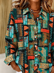 Women Abstract Casual Shirt Shirt Collar Long Sleeve Buckle Top
