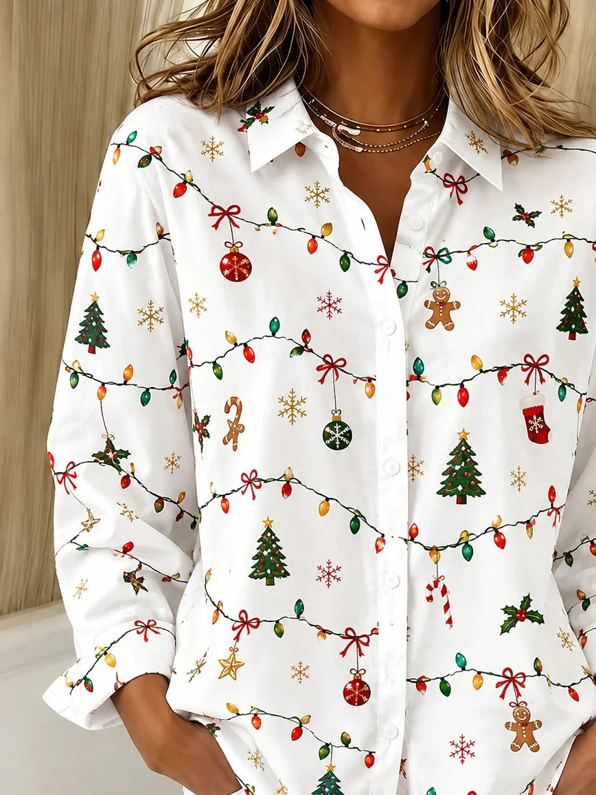Women Christmas Casual Shirt Shirt Collar Long Sleeve Buckle Top
