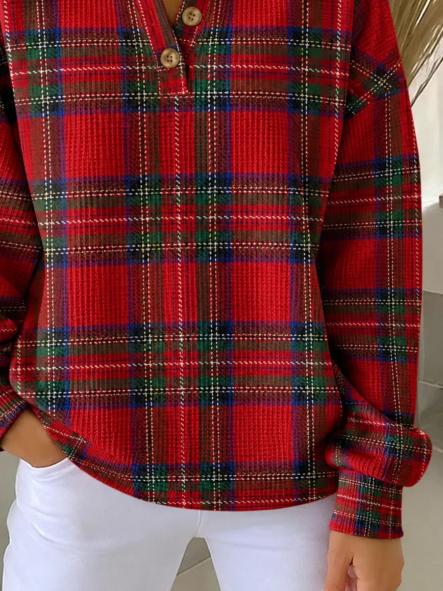 Vintage Plaid Henley Collar Long Sleeve Sweatshirt