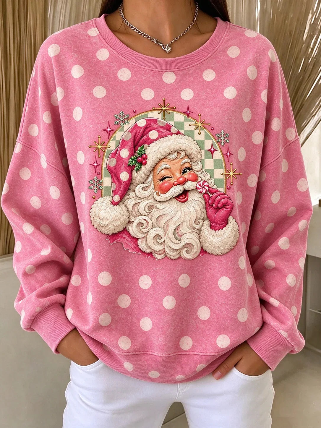 Vintage Polka Dots Casual Crew Neck Long Sleeve Sweatshirt