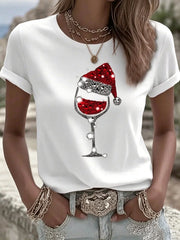 Casual Christmas Wine Glass Crew Neck Short Sleeve T-shirt