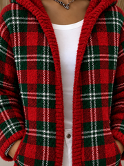 Women Casual Winter Outerwear Vintage Plaid Long Sleeve Hoodie Jacket