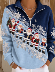 Women Christmas Santa Art Print Casual Quarter Zip Up Sweatshirt