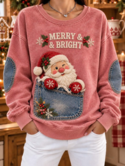 Women Denim Front Pocket Santa Dusty Pink Sweatshirt