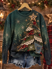 Vintage Casual Crew Neck Christmas Tree Printing Sweatshirt