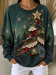 Vintage Casual Crew Neck Christmas Tree Printing Sweatshirt