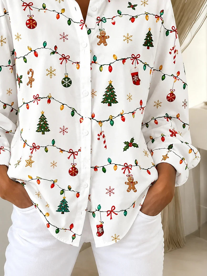 Women's Long Sleeve Shirt Spring/Fall White Christmas Buckle Shirt Collar Regular Sleeve Daily Going Out Casual Top
