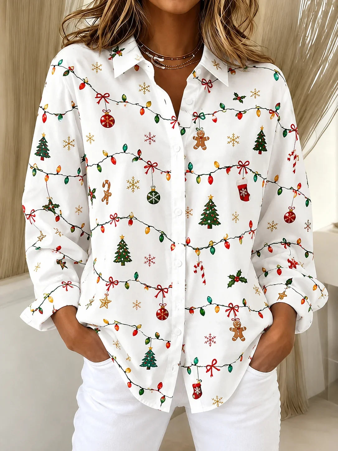 Women's Long Sleeve Shirt Spring/Fall White Christmas Buckle Shirt Collar Regular Sleeve Daily Going Out Casual Top