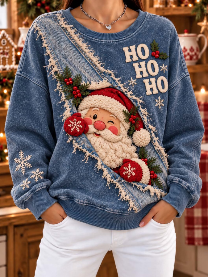 Women Casual Patchwork Santa Claus Peeking Sweatshirt