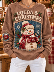 Women Denim Patchwork Snowman And Hot Cocoa Sweatshirt