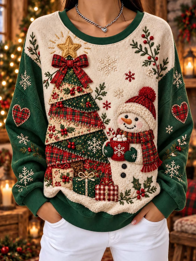 Women Casual Patchwork Christmas Tree And Snowman Sweatshirt