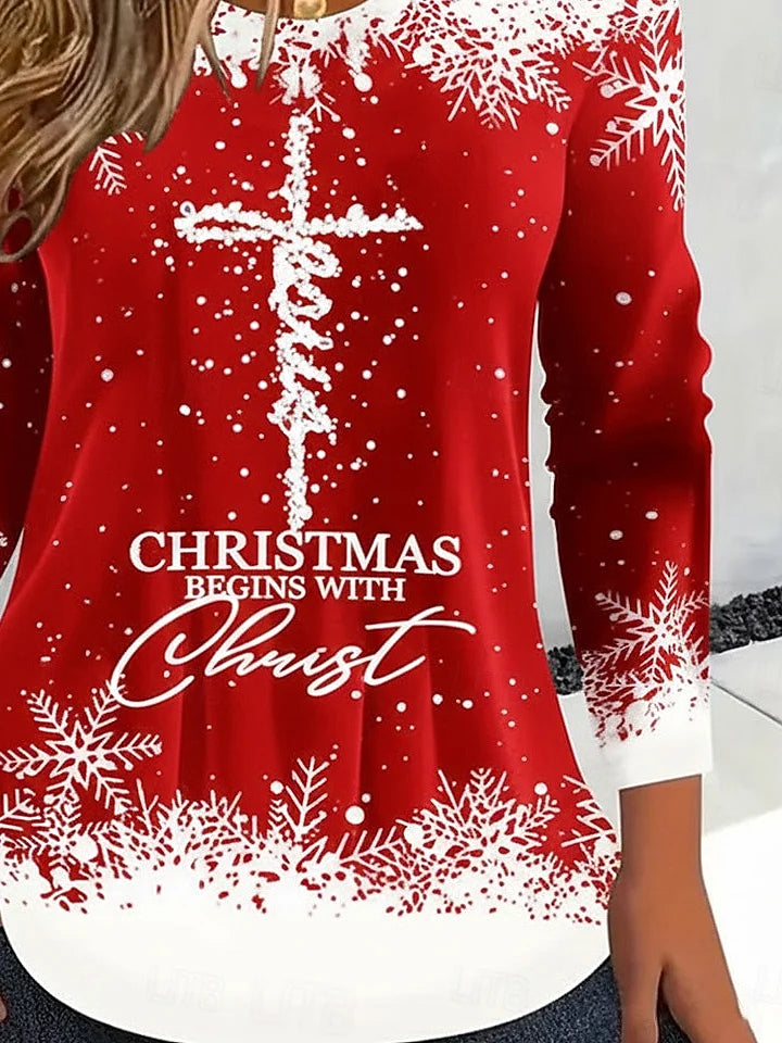 Casual Christmas Crew Neck Long Sleeve T-shirt