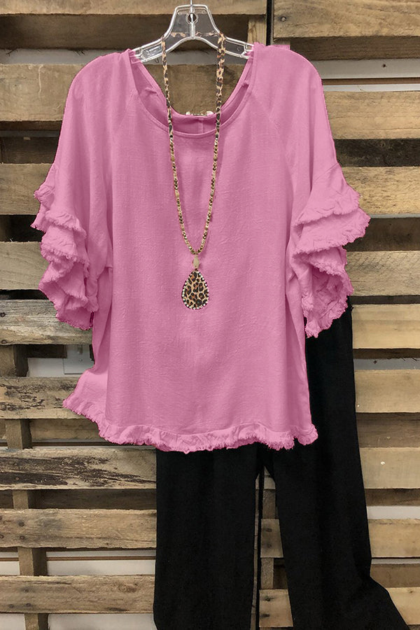 Black Short Sleeves Solid Ruffled Round Neck T-shirt