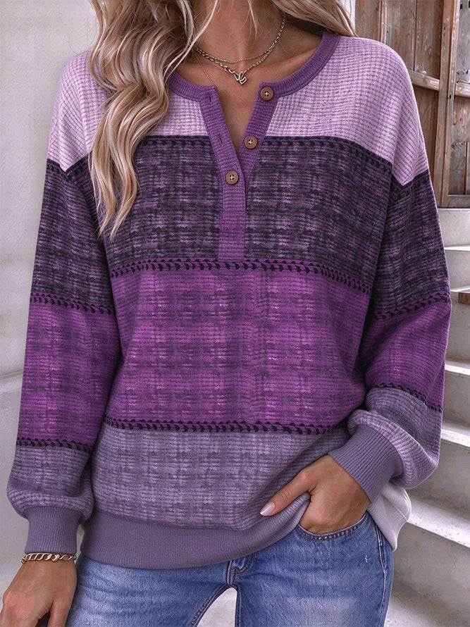 Casual Striped Henley Collar Long Sleeve Sweatshirt