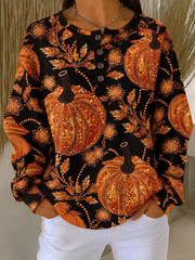 Casual Pumpkin Pattern Henley Collar Long Sleeve Sweatshirt
