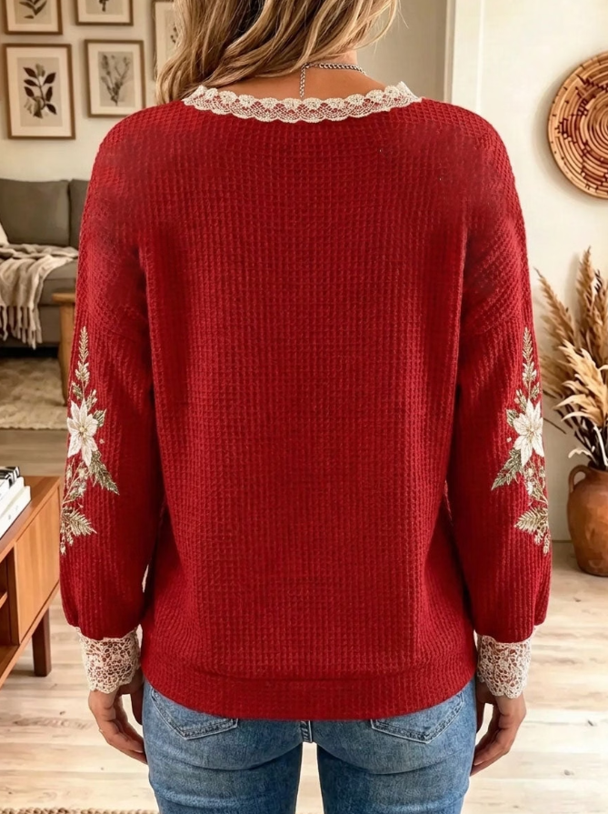 Women Casual Lace Trim Print Christmas Tree Waffle Sweatshirt