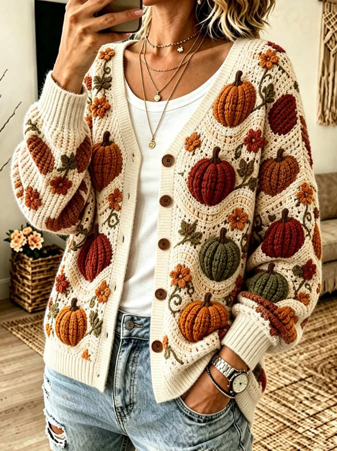 Women Casual Fall Pumpkins Floral Print Comfy Cardigan