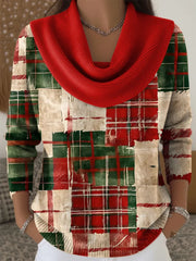 Women's Christmas Casual Plaid Pattern Art Print Cowl Neck Sweater