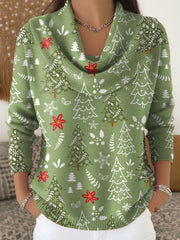 Women's Christmas Tree Pattern Art Print Casual Cowl Neck Sweater