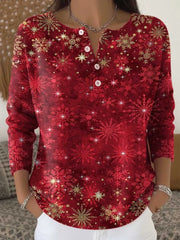 Women's Christmas Snowflake Pattern Art Print Buttoned Sweater