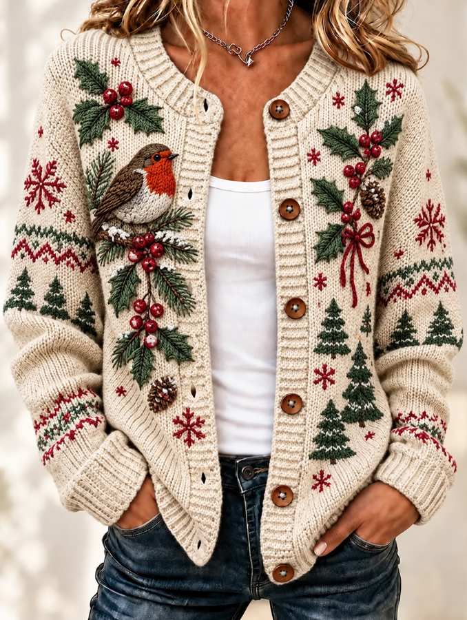 Women Christmas Animal Retro Art Print Knitted Casual Cardigan