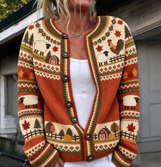 Women Vintage Farm Animal Print Knit Casual Cardigan