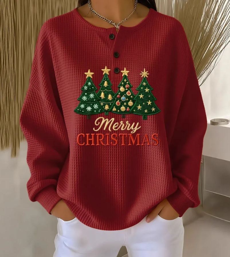 Women Christmas Floral Print Button Casual Sweatshirt