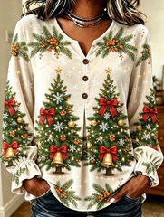 Women Casual Cream Christmas Tree Print Long Sleeve Blouse