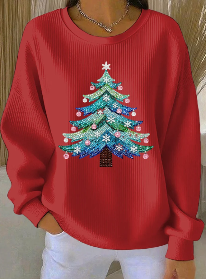 Women Vintage Christmas Tree Print Casual Sweatshirt