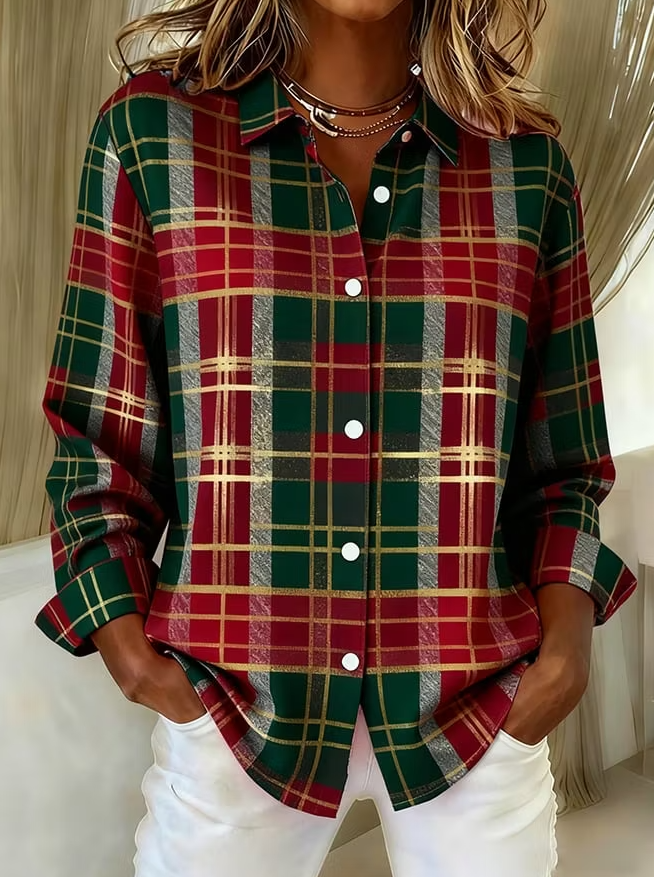 Women Casual Christmas Plaid Color Block Long Sleeve Shirt
