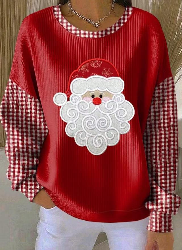 Women Santa Claus Print Knitted Crew Neck Long Sleeve Sweatshirt